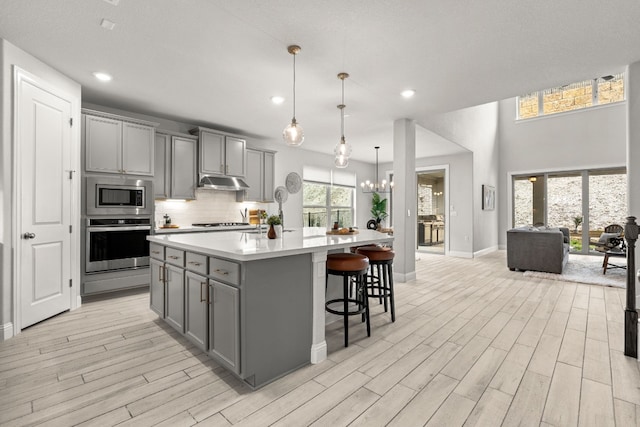 kitchen with stainless steel appliances, pendant lighting, gray cabinets, and a center island with sink