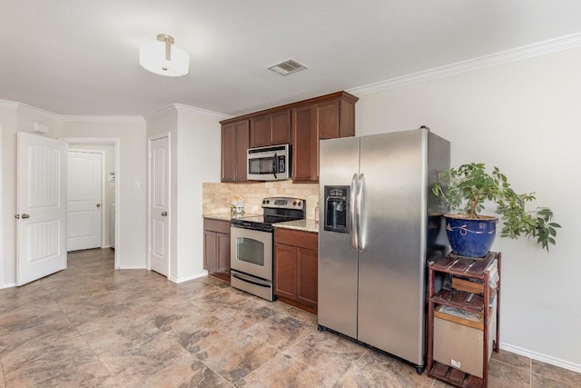 kitchen with tasteful backsplash, stainless steel appliances, crown molding, and light stone counters