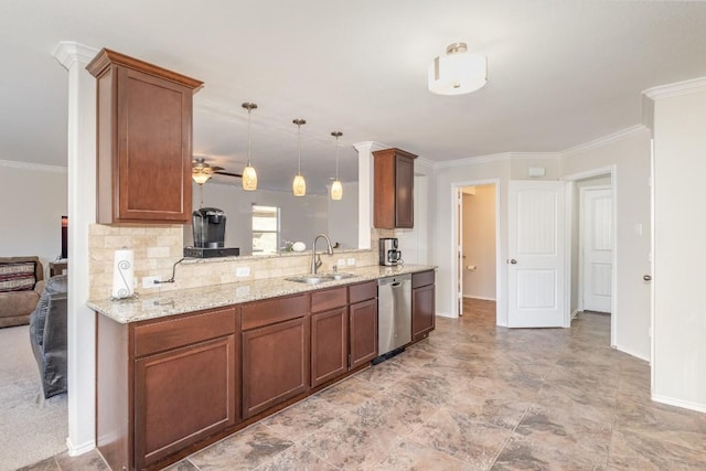 kitchen with sink, dishwasher, hanging light fixtures, light stone counters, and ornamental molding