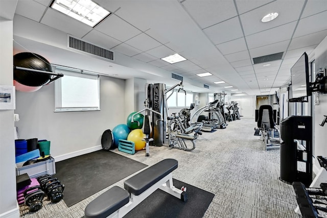 workout area with a drop ceiling, carpet floors, and a wealth of natural light