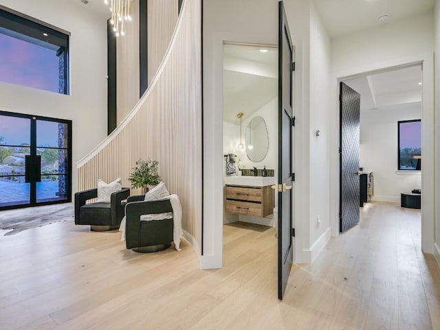 interior space featuring light hardwood / wood-style floors and a barn door