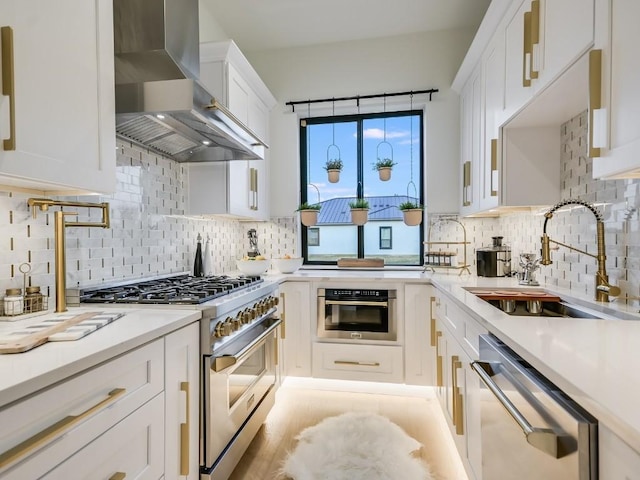 kitchen featuring ventilation hood, white cabinets, and stainless steel appliances