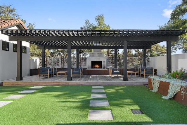 view of community with outdoor lounge area, a yard, a deck, and a pergola