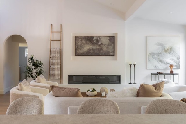 living area featuring arched walkways, wood finished floors, and lofted ceiling