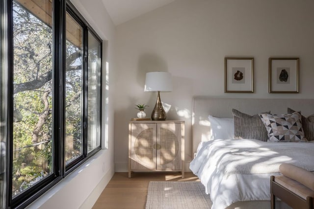 bedroom with lofted ceiling, wood finished floors, and multiple windows