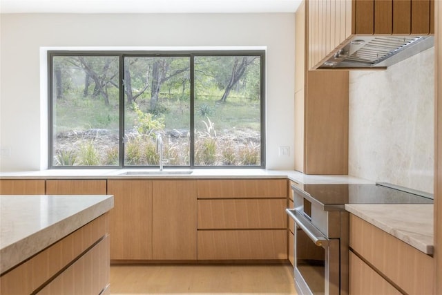 interior space featuring under cabinet range hood, light wood-style flooring, high end stove, and a sink