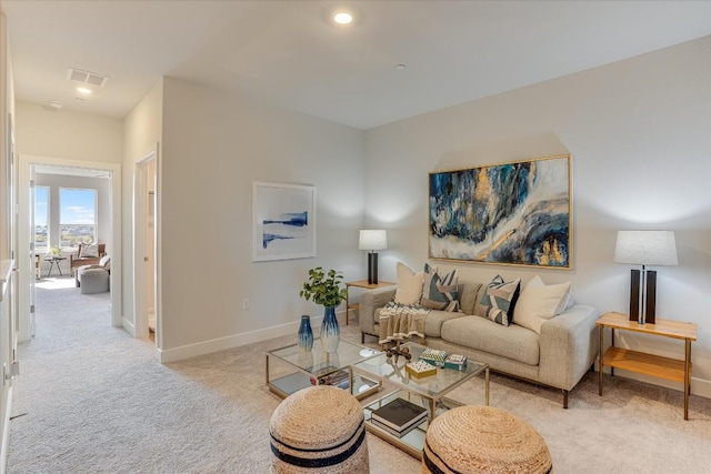 living room featuring light colored carpet