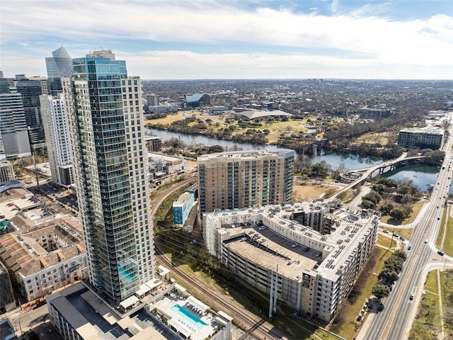 aerial view featuring a water view