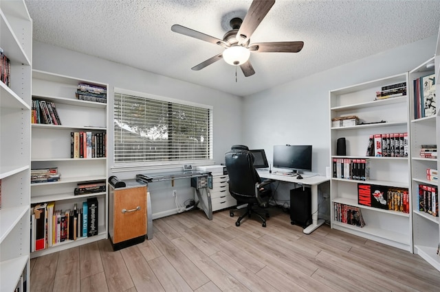 office space with ceiling fan, light hardwood / wood-style floors, and a textured ceiling