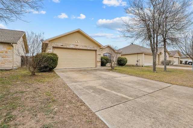 ranch-style home featuring a garage and a front yard