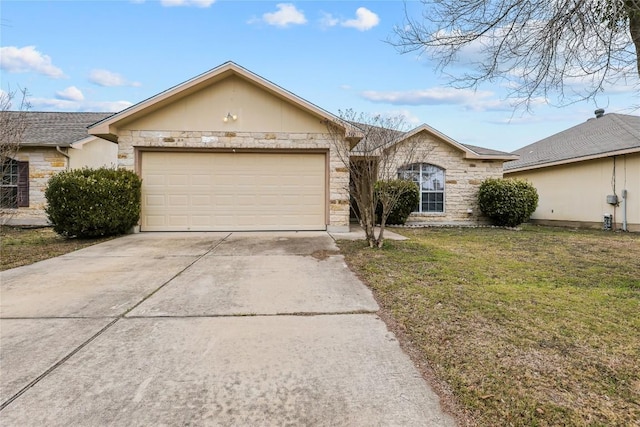 ranch-style home featuring a garage and a front yard