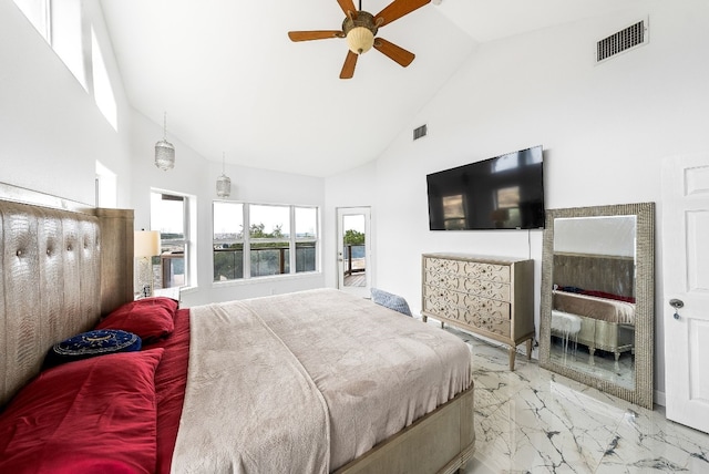 bedroom with high vaulted ceiling, marble finish floor, visible vents, and ceiling fan