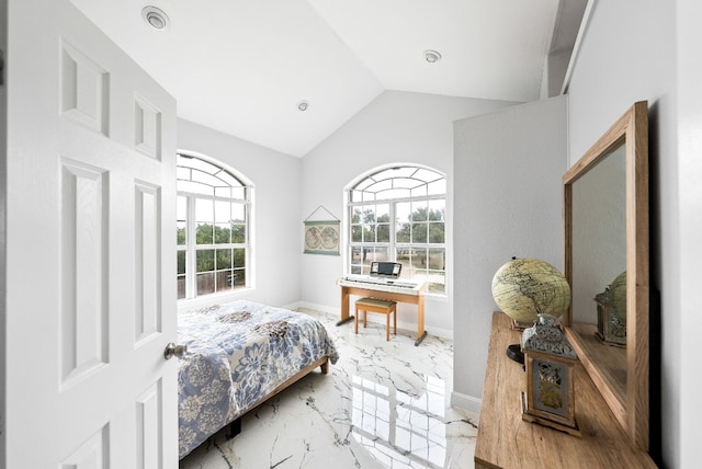 bedroom with vaulted ceiling, marble finish floor, visible vents, and baseboards