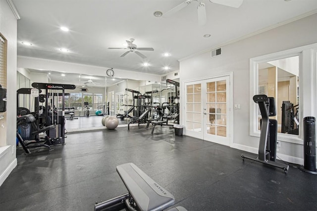 exercise room with visible vents, ceiling fan, crown molding, french doors, and recessed lighting