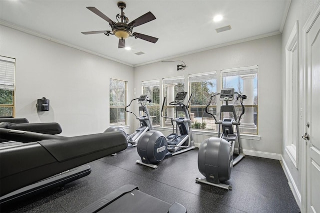 workout area with recessed lighting, a ceiling fan, visible vents, baseboards, and ornamental molding