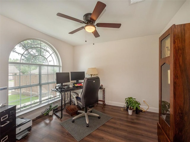 office featuring dark hardwood / wood-style floors and ceiling fan