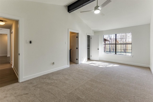 unfurnished bedroom featuring ceiling fan, high vaulted ceiling, beamed ceiling, and carpet flooring