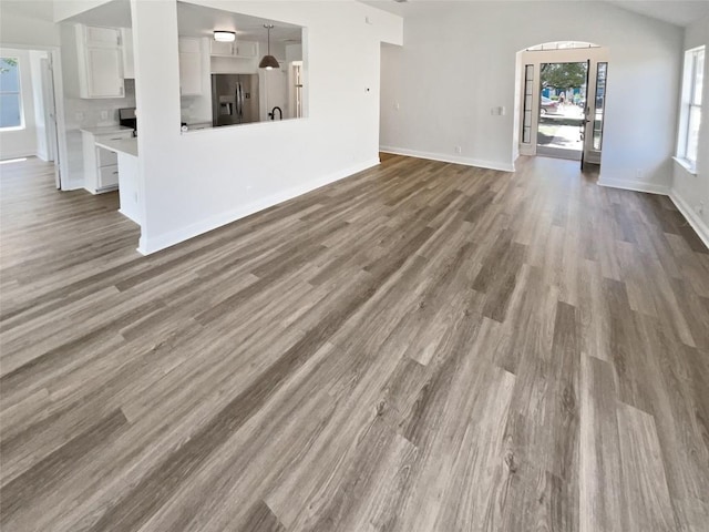 1406 Rio Bravo Loop, Leander, TX 78641 - unfurnished living room featuring wood finished floors and vaulted ceiling