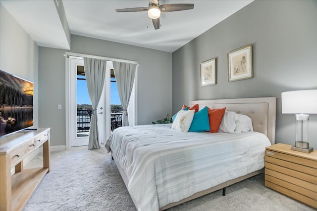 bedroom featuring ceiling fan, light carpet, and access to outside