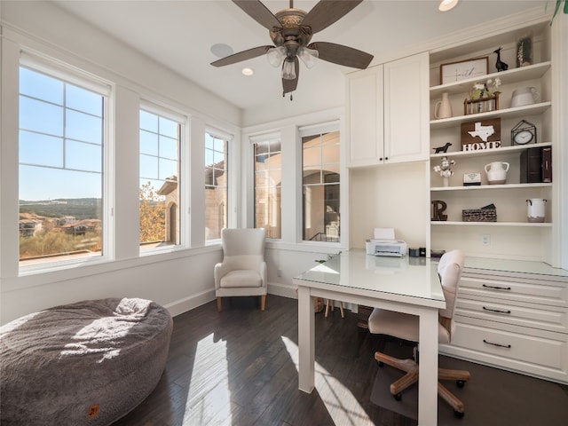 102 Canyon Turn Trl, Austin, TX 78734 - office space with ceiling fan, dark wood-style flooring, baseboards, and recessed lighting