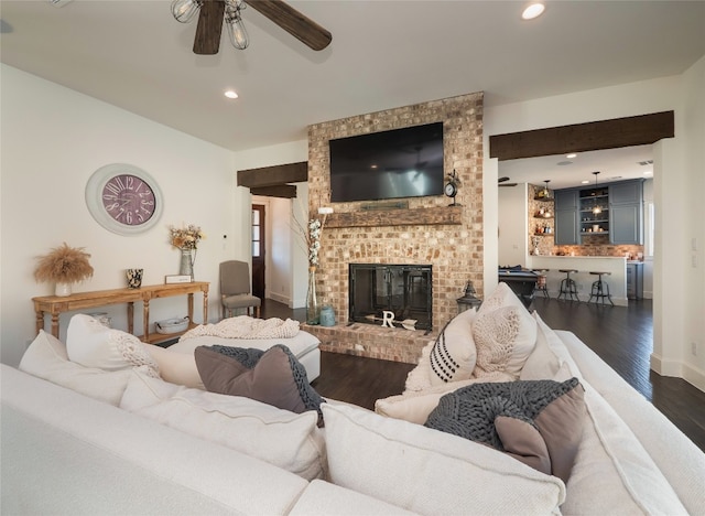 102 Canyon Turn Trl, Austin, TX 78734 - living area featuring wood finished floors, a fireplace, baseboards, ceiling fan, and recessed lighting