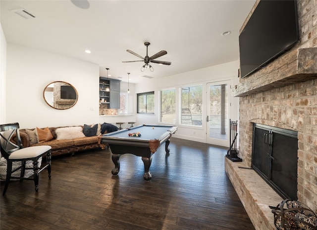 102 Canyon Turn Trl, Austin, TX 78734 - game room with pool table, visible vents, ceiling fan, dark wood-type flooring, and a fireplace