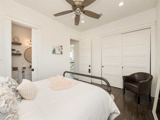 102 Canyon Turn Trl, Austin, TX 78734 - bedroom with recessed lighting, a closet, visible vents, and dark wood finished floors