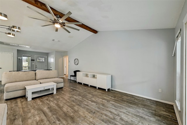 living room featuring ceiling fan, vaulted ceiling with beams, and dark hardwood / wood-style flooring