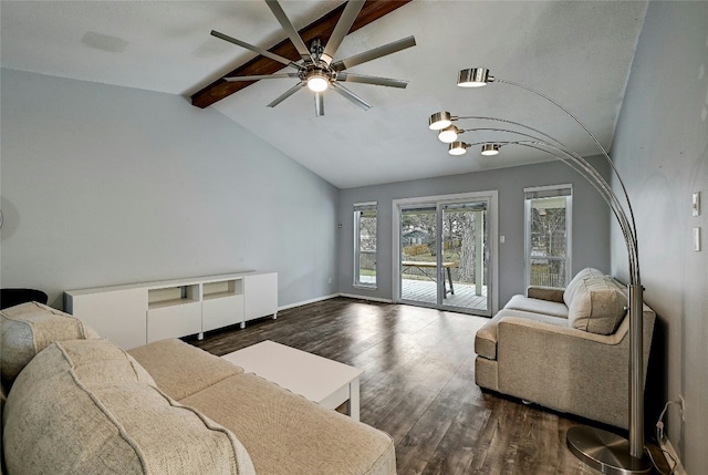 living room featuring ceiling fan, dark hardwood / wood-style flooring, and vaulted ceiling with beams