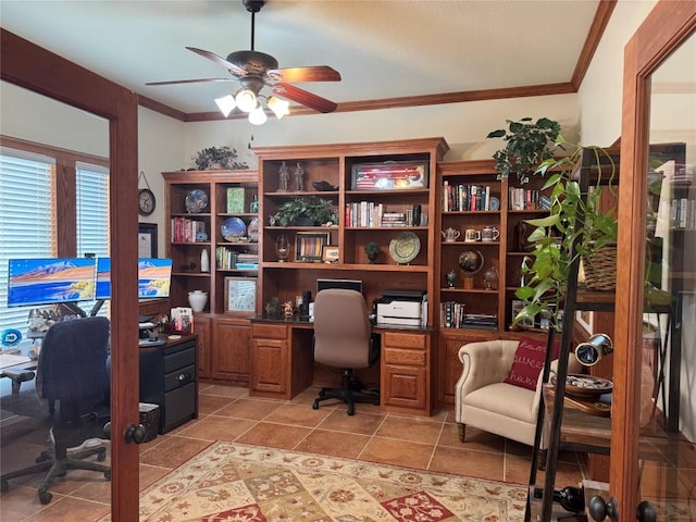 office featuring crown molding, ceiling fan, and light tile patterned floors