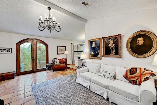 living room with light tile patterned flooring, vaulted ceiling with beams, a notable chandelier, a textured ceiling, and french doors