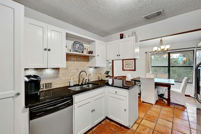 107 S Cuernavaca Dr, Austin, TX 78733 - kitchen with dishwasher, white cabinets, open shelves, a chandelier, and dark countertops