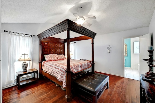 107 S Cuernavaca Dr, Austin, TX 78733 - bedroom with wood-type flooring, a textured ceiling, lofted ceiling, and a ceiling fan