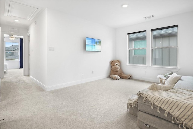 821 Olinda Way, Liberty Hill, TX 78642 - carpeted bedroom featuring attic access and recessed lighting