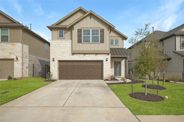 craftsman inspired home featuring a garage and a front lawn