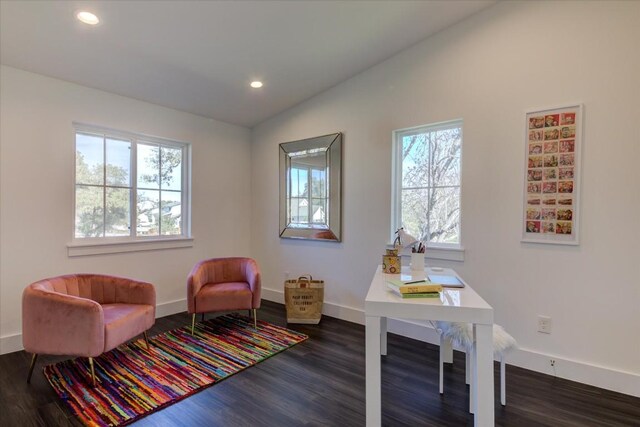 living area with lofted ceiling, dark hardwood / wood-style flooring, and a wealth of natural light