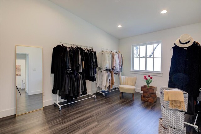 living area with vaulted ceiling and dark hardwood / wood-style floors