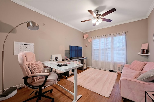 office space with hardwood / wood-style flooring, ornamental molding, and ceiling fan