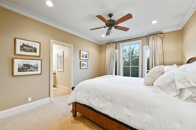 carpeted bedroom with crown molding, ceiling fan, access to exterior, and ensuite bath