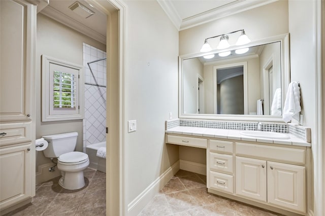 full bathroom with toilet, ornamental molding, shower / washtub combination, vanity, and backsplash