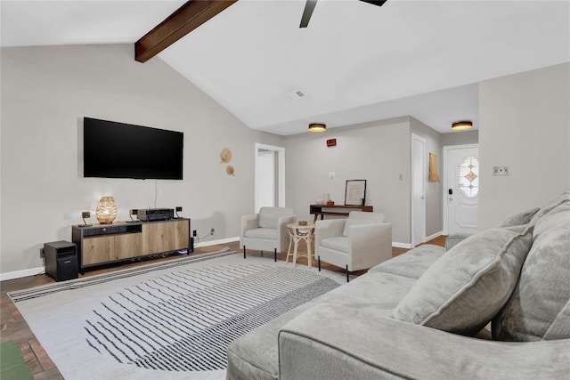 living room featuring lofted ceiling with beams and ceiling fan