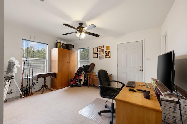 carpeted home office with a healthy amount of sunlight and ceiling fan