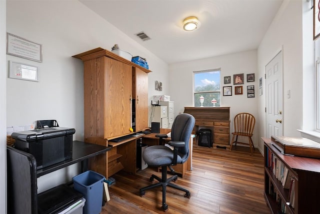 office with dark hardwood / wood-style floors