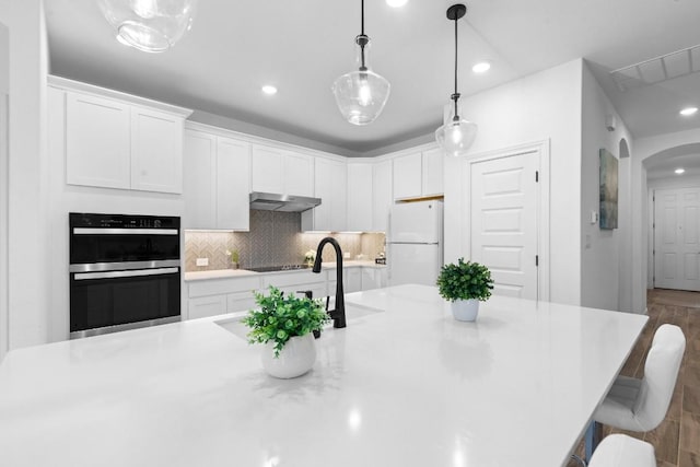 125 Jasmine Ln, Marble Falls, TX 78654 - kitchen featuring freestanding refrigerator, under cabinet range hood, arched walkways, wood finished floors, and double wall oven