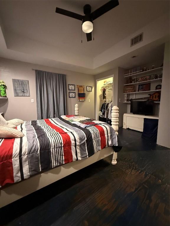 bedroom featuring a spacious closet, ceiling fan, and a tray ceiling