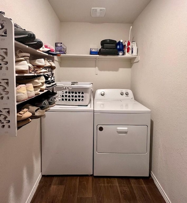 13120 Roving Pass, Elgin, TX 78621 - washroom with independent washer and dryer, dark wood finished floors, and baseboards