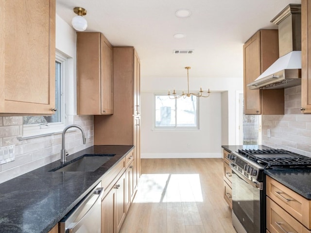 kitchen with sink, decorative backsplash, light hardwood / wood-style floors, stainless steel appliances, and wall chimney exhaust hood