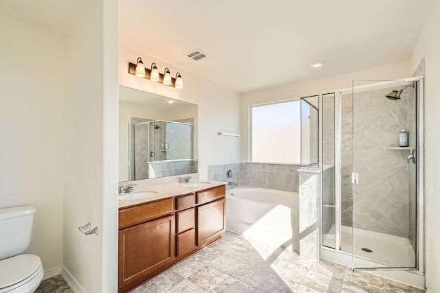 full bathroom with independent shower and bath, vanity, and toilet