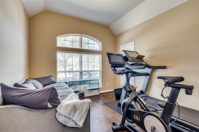 exercise room with lofted ceiling and dark hardwood / wood-style flooring