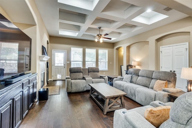 living room with beamed ceiling, dark hardwood / wood-style floors, coffered ceiling, and ceiling fan